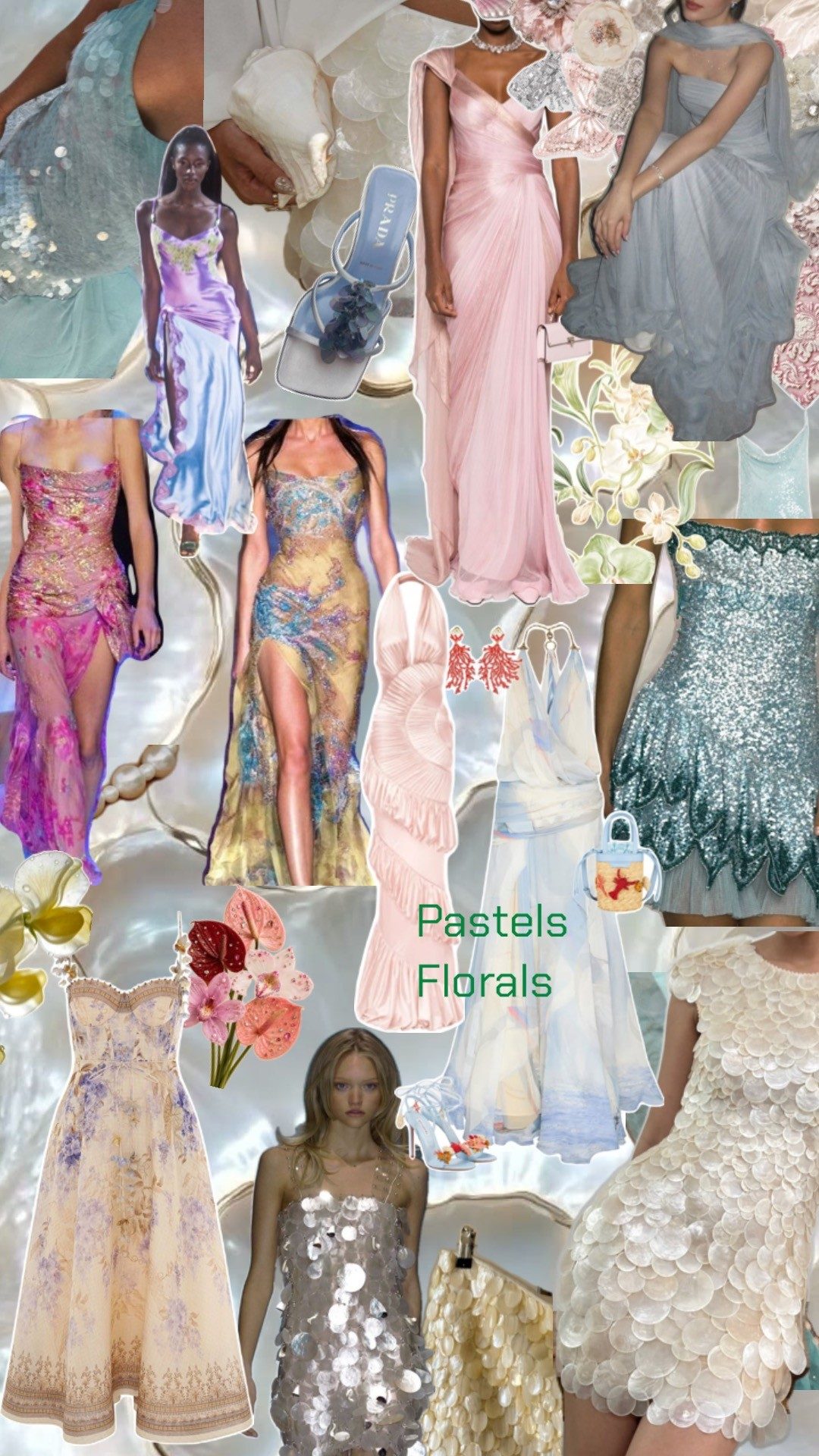 Ladies’ mood board: pastel gowns, pearls, shells and orchids